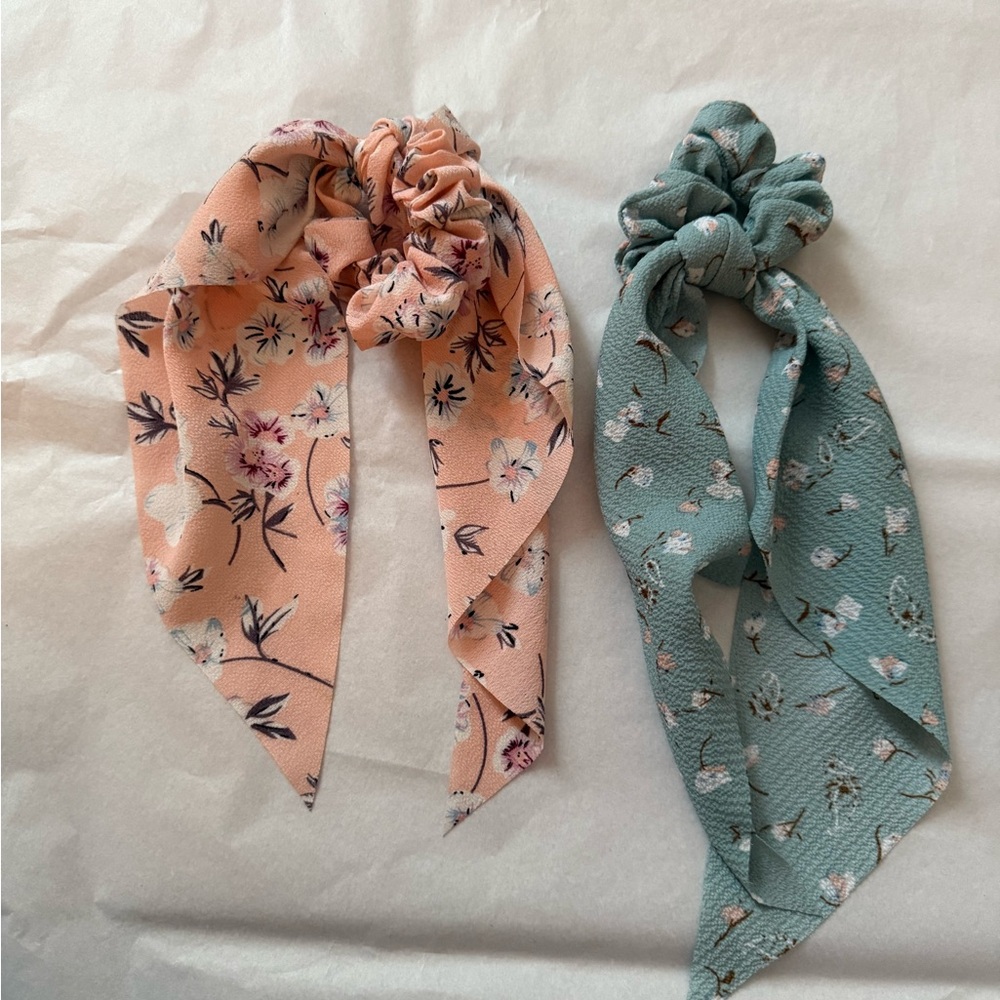 Floral Peach and Blue Hair Scrunchies Set